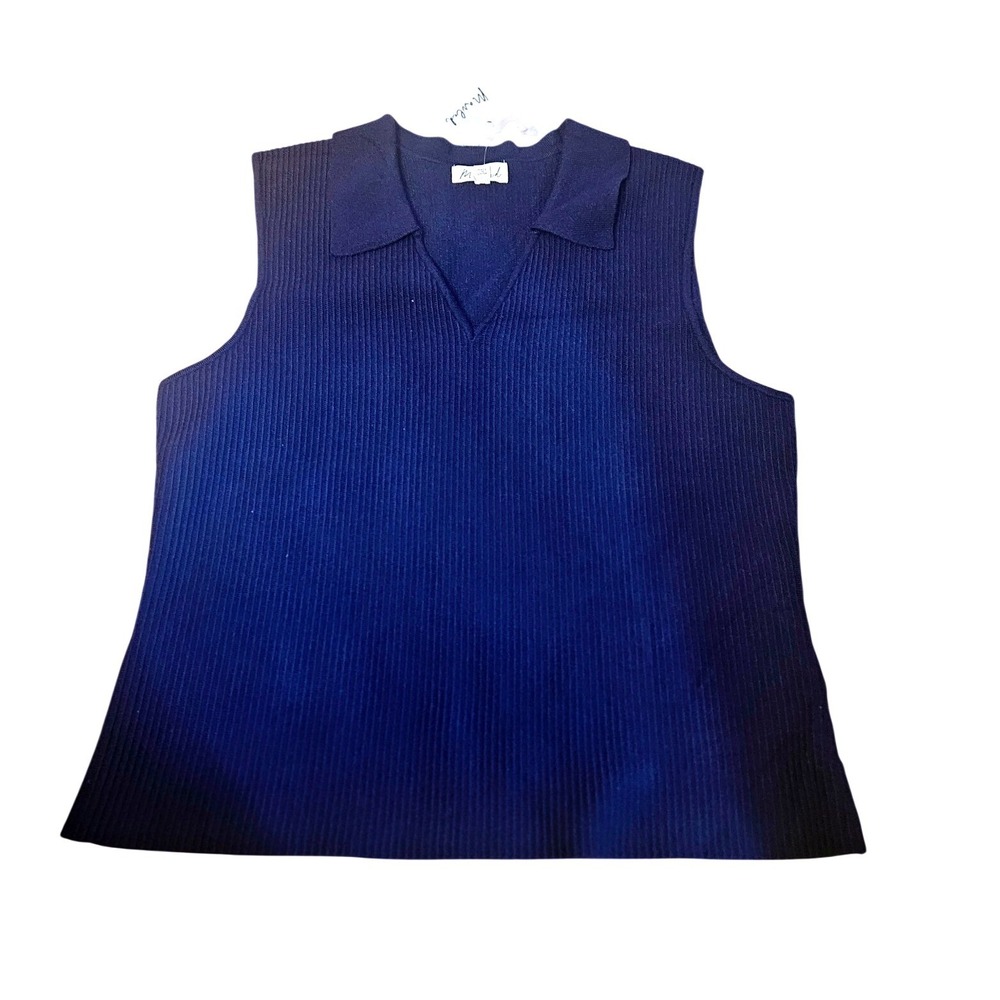 Marled Navy Blue Sleeveless Ribbed Knit Polo V-Neck Sweater Top PacSun NEW